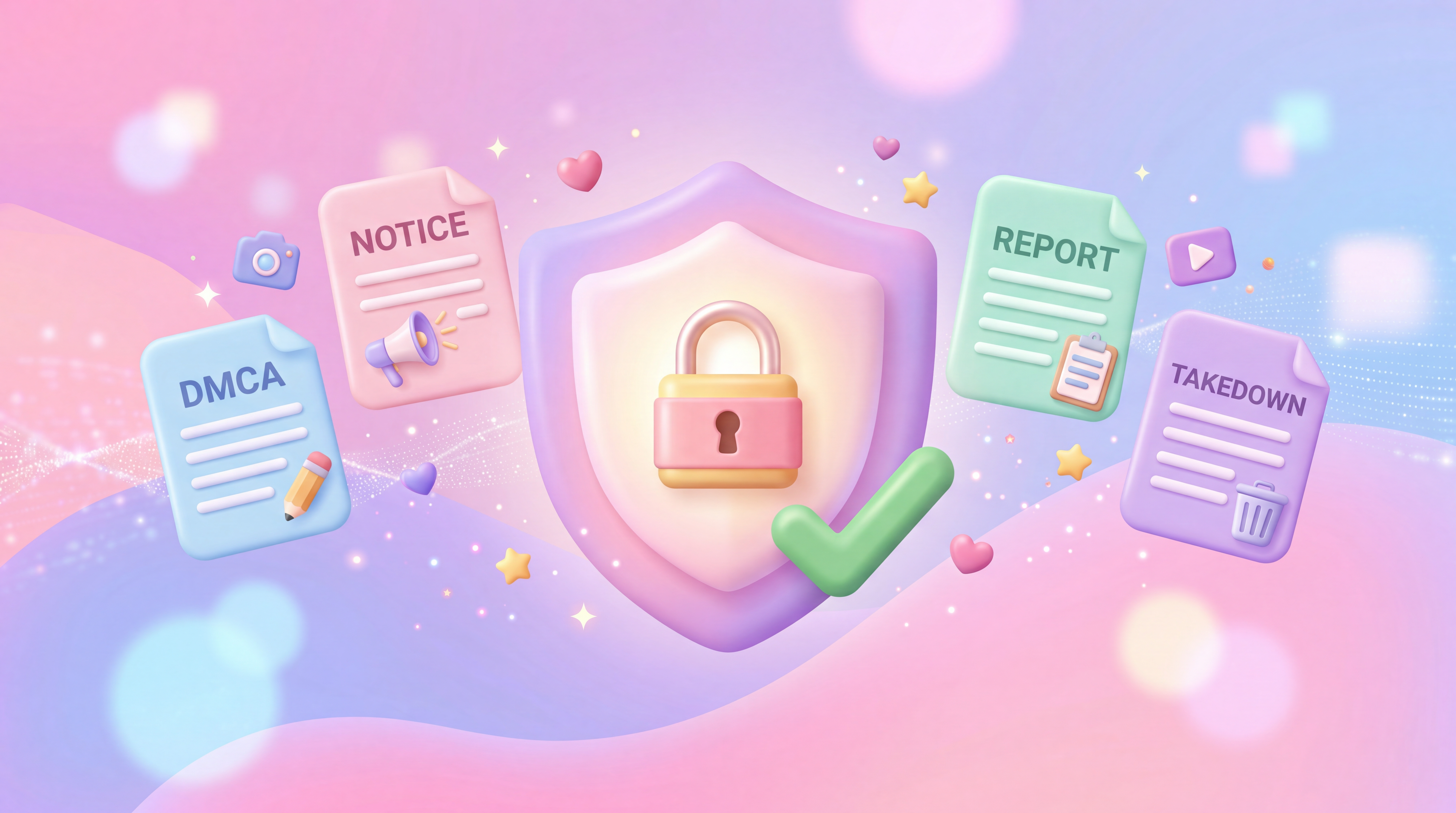 Content protection shield and DMCA documents illustration